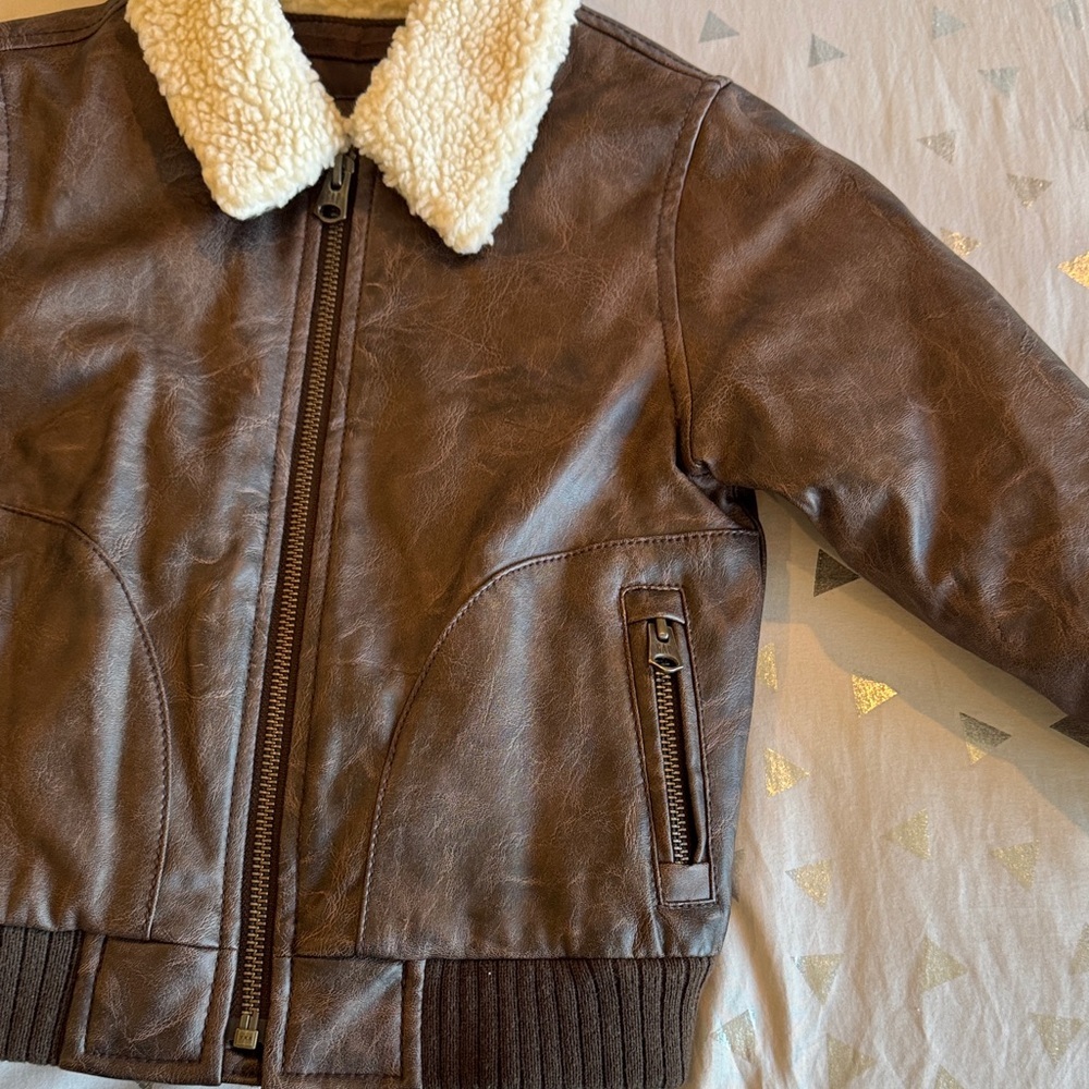 Kids Brown Faux Leather Jacket with off white Sherpa Collar - Picture 5 of 9
